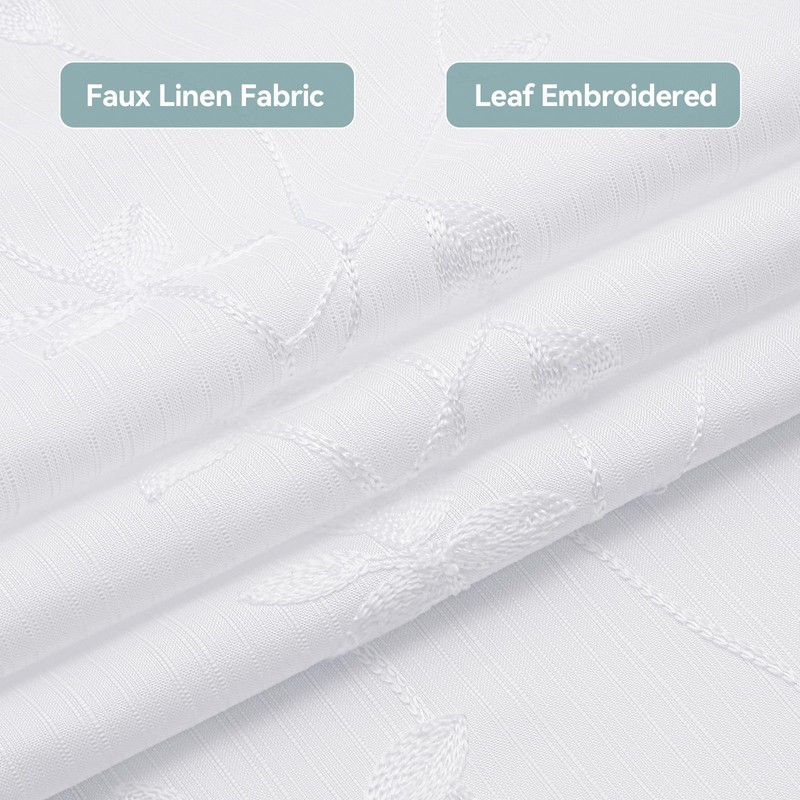 Embroidered Leaf Farmhouse Shower Curtain,Faux Linen,72Wx84L,White