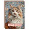 Artery8 Birthday Card Cat Lover Fluffy Maine Coon Retro Floral