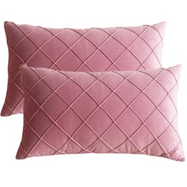 Lutanky Velvet Cushion Covers (Pack of 2) Elegant Rectangle Throw Pillow Cases Checked Design Soft Pillow Covers for Sofa Bedroom Home Decoration 12x20 Inch 30 x 50 cm Pink