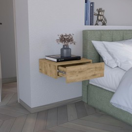 Floating Nightstand 5" H, Modern Wall-Mounted Bedside Shelf with Drawer, Macadamia