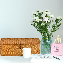 TIMESETL Storage Baskets for Shelves,Seaweed Weaving with lid,3 Spacers Handmade Woven Storage Boxes,Natural Decorations Straw Basket for Cosmetic Organiser, Desktop, Coffee Table