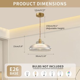 Qufute Small Glass Pendant Light Fixtures One-Light Gold Brass Dining Room Decor mid Century Modern Hanging Pendant Lamp Clear Dome Glass Shade Striped Glass Lights for Kitchen Island