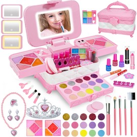 YasinKidz 60 in 1 Kids Makeup Kit, with 3-Color Led Makeup Mirror Real Washable Kids Makeup Sets for Girls 5-8, Perfect Girl Birthday Gift, Age 3+
