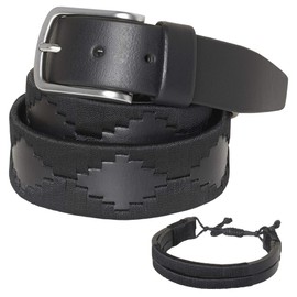 PELPE Argentine Leather Belt with Matching Cord and Leather Wristband Embroidered Leather Belt for Men and Women Argentine Polo Belt, black