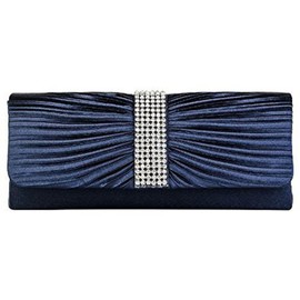 Eleoption Womens Satin Diamante Ladies Pleated Bow Wedding Bridal Prom Handbag Clutch Bag, Navy Blue, XL