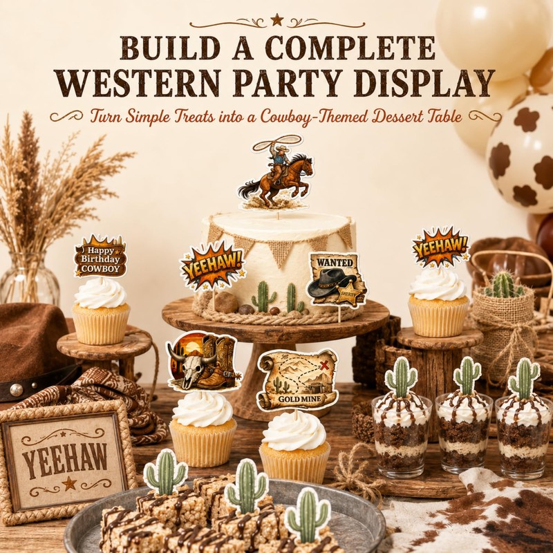 ALISSAR 36 Pcs Western Cowboy Cupcake Toppers, Birthday Party Decor