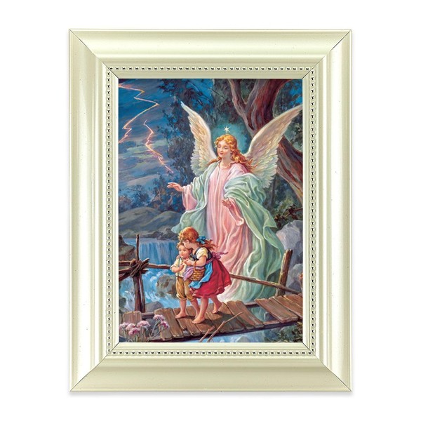 Guardian Angel Picture, Pearlized White 5-1/2"x7 Frame, Beaded Lip, Under