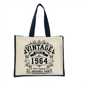 60th Birthday Tote Bag Gifts for Women - Cotton Jute Shoulder Bag, Reusable Bags for Shopping, Gift bags, Book Bag, Travel Bag, Shopper Bags - Original 1964 - BLUE-L