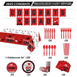 Graduation Party Supplies Congrats Grad Decorations Class of 2025, Disposable Plates and Napkins with Banner Tablecloth Cups Dinnerware Sets for Graduation Decor, Serves 24 (Red and White)