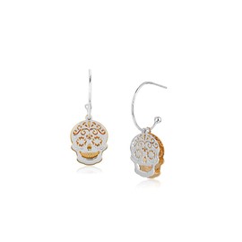 Vanbelle Yellow Gold and Silver Plated jewelry - Two Tone Sterling Silver with 925 stamp - Light Weight Calavera Skull - Half Hoop Earrings for Women - 3D double sheet earring