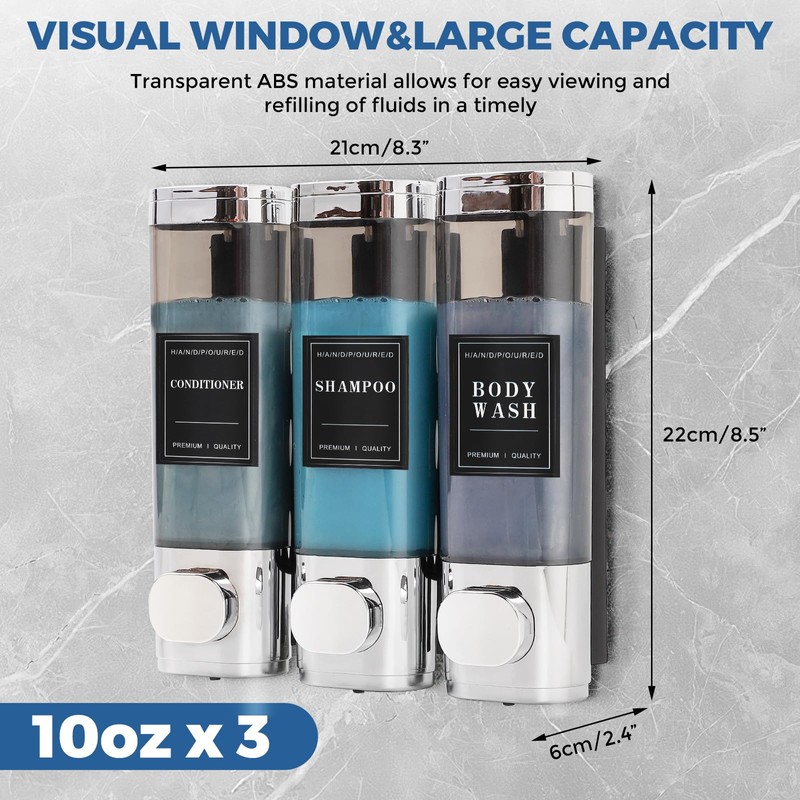 3 Chamber Shampoo and Conditioner Dispenser for Shower Wall -