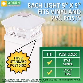 GreenLighting Mission Solar Post Cap Lights Fits 5x5 PCV/Vinyl Outdoor Solar Powered Post Cap Light, Fence Post, Landscaping, Deck, Garden- Bright LED, Waterproof White 8 Pack