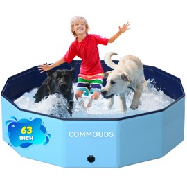 COMMOUDS Foldable Dog Pool, Collapsible Hard Plastic Dog Kiddie Swimming Pool, Portable Pet Bath Tub Wading Pools for Kids and Puppy Small Medium Large Dogs(63inch.D x 12inch.H)