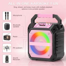 Bluetooth Karaoke Machine, Portable Karaoke with 2 Wireless Microphones, Karaoke Speaker for Adults Kids Gifts, TF/USB/AUX, with DJ Lights for Outdoor Parties, Backyard Fun (Pink)