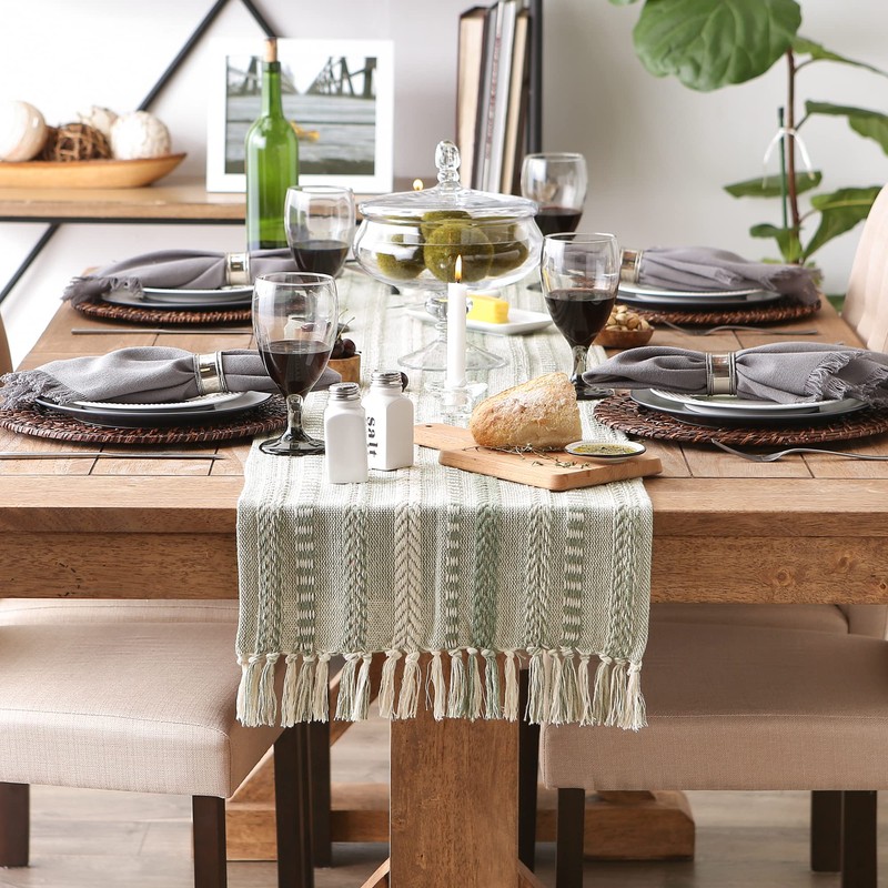 DII Farmhouse Braided Stripe Table Runner Collection, 15x108, Artichoke Green