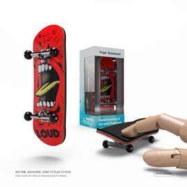 Professional Finger Skateboard, Red Design with LOUD Graphic, Maple Panel with Bearing Wheels, Non-Slip Mat