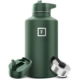 IRON °FLASK Camping & Hiking Hydration Flask with 3 Lids - Stainless Steel, Double Walled & Vacuum Insulated Water Bottle - Leak Proof & BPA Free (Sage, Straw - 64 oz)
