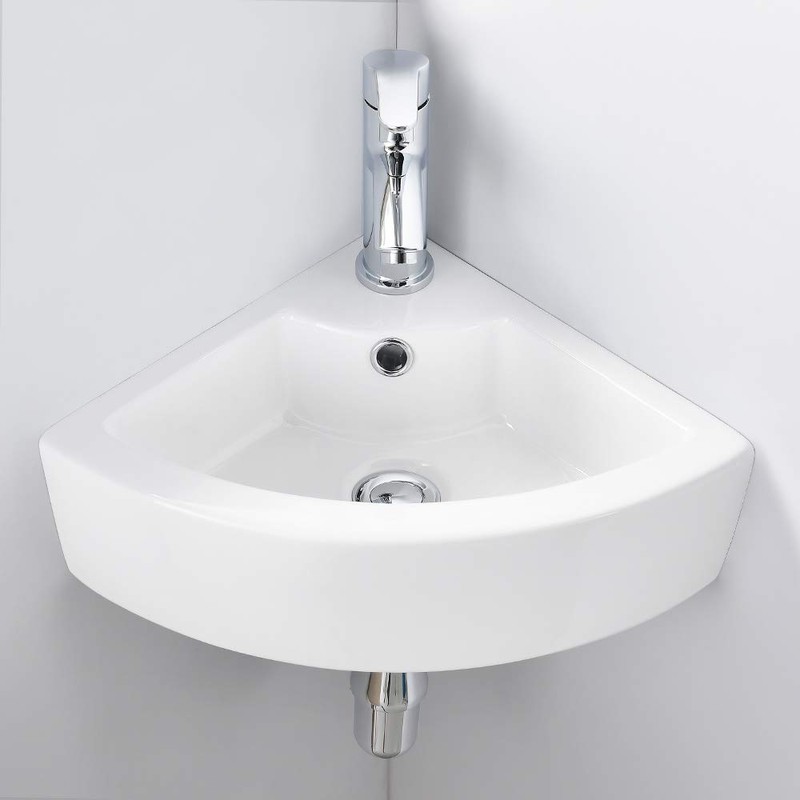 VASOYO Small Corner Bathroom Sink Wall Mount White Triangle Porcelain