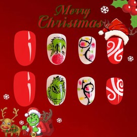 Christmas Press on Nails Short Fake Nails Fun Cartoon Green Haired Monster Light Designs Winter Xmas Oval Press on Nails with Candy Cane Acrylic False Nails for Women Girls Holiday Manicure