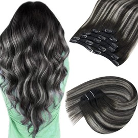 VeSunny Full Head Clip in Ombre Hair Extensions 14inch Color #1B Natural Black Fading to #4 Dark Brown Clip in Hair Extensions Ombre Human Hair 7pcs 120Gram