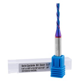 Mesee Dowcut Spiral Router Bit 2 Flute CNC End Mill 1/4 Inch Shank Flat Nose End Mill Bit Nano Blue Coating Carbide CNC Router Bit 13/16" Cutting Length Wood Carving End Milling Tool, 1/8" Cutting Dia