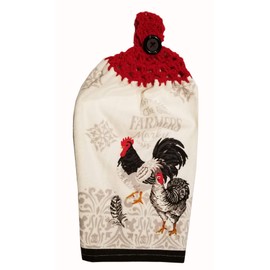 Handcrafted Cherry Red Crochet Topped The Olde Farm Market Rooster Kitchen Towels