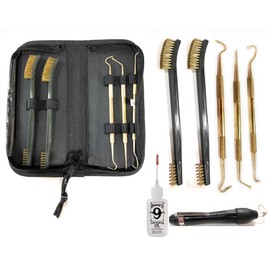 Tac Pak 9 Pc Brass Pick & Brush Set Picks (Dental Style) Hook, Slant & Straight, & 7 in. Double Ended Brushes Precision Gun Oiler, Bore Light Maintenance Tools for Your Gun Cleaning Kit