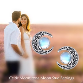 SHEAISRS Black Celtic Moon Earrings for Women 925 Sterling Silver Moonstone Stud Earrings Moon Stud Moon Jewelry