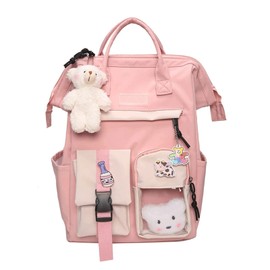 Eagerrich Cute Backpack with Cute Pin Accessories Plush Pendant for School Bag Student Girl Backpack Super-Capacity Waterproof Travel Backpack(Pink-3)