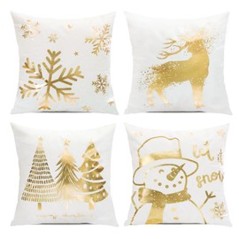 TAJWE White Gold Christmas Throw Pillow Covers 18x18 Inch Set of 4 Snowman Snowflake Xmas Tree and Reindeer Decorative Pillowcases Gold Winter Holiday Cushion Cases Decoration for Sofa Couch