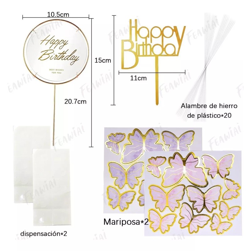 Feawiai 22pzs Decoración Pastel De Mariposa Letrero Feliz Cumpleaño