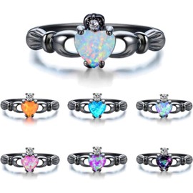 Anillo De Piedra De Ópalo Blanco Y Azul para Mujer, Anillos De Boda De Oro Negro Vintage para Mujer, Anillo De Compromiso De Corazón De Amor De Claddagh