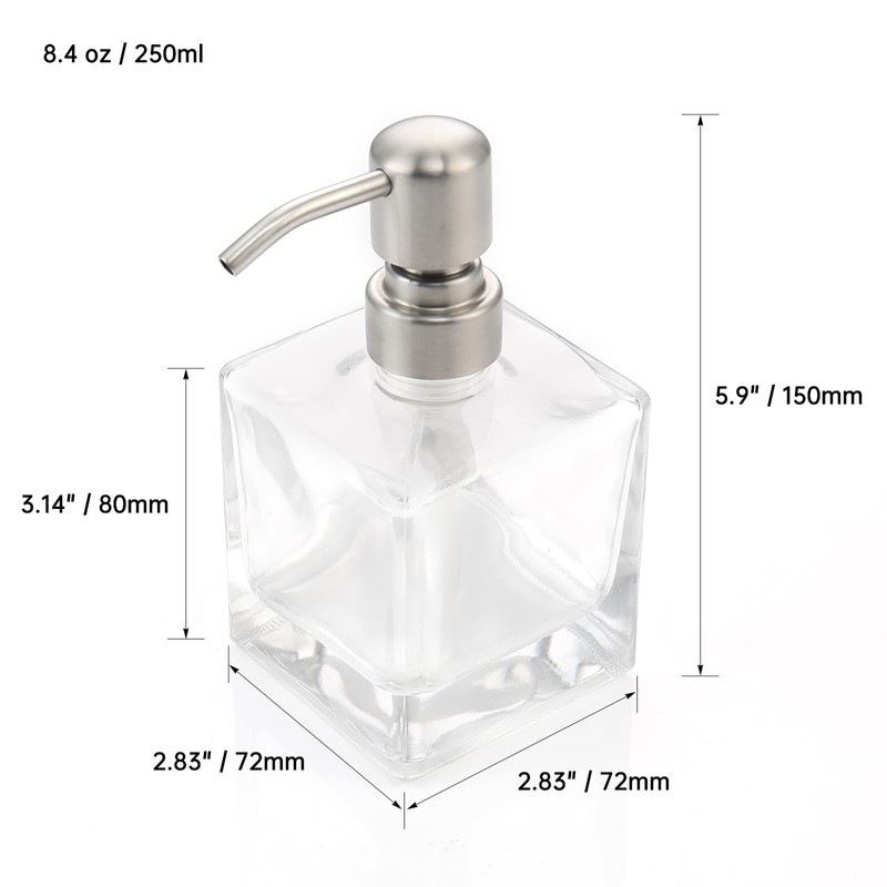 Ximlike Square Bathroom Soap Dispenser Brushed Nickel, Glass Bottles with