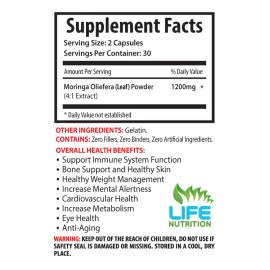 LIFE Nutrition Organic Growth - MORINGA OLEIFERA - Plant-Based Protein 1 Bottle 60 Capsules