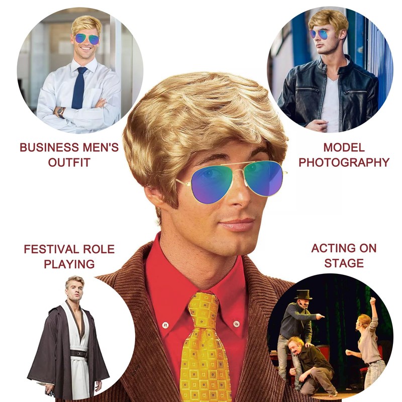DAVBNM Men's Short Blonde Wavy Hair Wig, Daily Use Costume