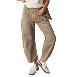 NARURAL Womens Baggy Boyfriend Jeans Vintage Wide Leg Mid Rise Barrel Denim Ankle Pants Cropped Jeans,Khaki,Large