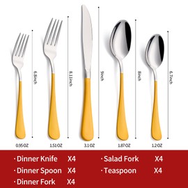 Onlycooker 20-Piece Yellow Silverware Set 18/0 Stainless Steel Flatware Yellow Handle Cutlery Set Service for 4 Dinner Knives Forks Spoons Set Mirror Finish Dishwasher Safe