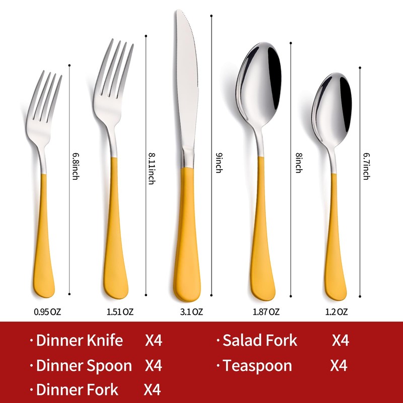 Onlycooker 20-Piece Yellow Silverware Set 18/0 Stainless Steel Flatware Yellow