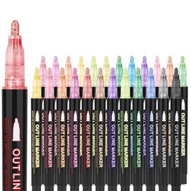 Marcadores de contorno de doble línea, juego de 24 colores Super Squiggles Shimmer Outline Rotuladores metálicos con purpurina para tarjetas de felicitación de cumpleaños, manualidades de manualidades, garabatos