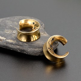 Cooear 1 pair of moon style ear tunnels, flesh plugs, piercing earrings, stainless steel, skull earphones, 10 mm to 25 mm., Metal, Sandstone,