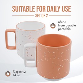 American Atelier Stackable Coffee Mugs 2 Pc Set | 14oz Ceramic Cups for Kitchen Countertop, Tabletop, Island, or Café Display | Gift for Tea & Coffee Lovers (Coral)