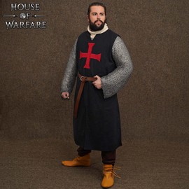 House of Warfare Men's Crusader Tabard Costume - Medieval Knight Renaissance Warrior Tunic, 100% Cotton for LARP, Cosplay (Cut Sleeves - Black, Small)