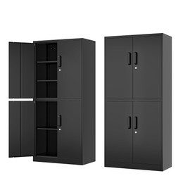 Fesbos 71” Metal Storage Cabinet-Lockable File Cabinet Garage Tool Cabinet with Doors and Shelves-Tall Black Steel Cabinet for Garage-Heavy Duty File Cabinet for Office, Gym, School