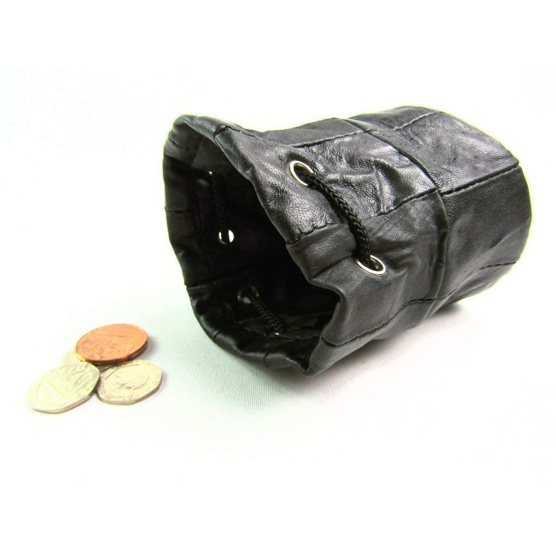 Unisex Drawstring Black Leather Pouch