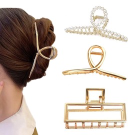 Pack of 3 Large Hair Clips for Women Hair Clip Non-Slip Gold Metal with Beads Hair Clips Women's Fashionable Hair Styling Accessories for Women and Girls