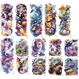 6 Sheets Full Arm Temporary Tattoos for Kids, 8 Sheets Half Arm Waterproof Temp Cute Animal Stickers for Boys and Girls, Fake Children Tattoo Kits Hand and Body Art for Birthday Party Favors Supplies