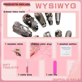 QQPPOLIU Black press on nails Medium Coffin Fake Nails Semitransparent False Nails with Rhinestones and Flower Design Glue on Nails Glitter Stick on Nails Heart Nails Press Ons