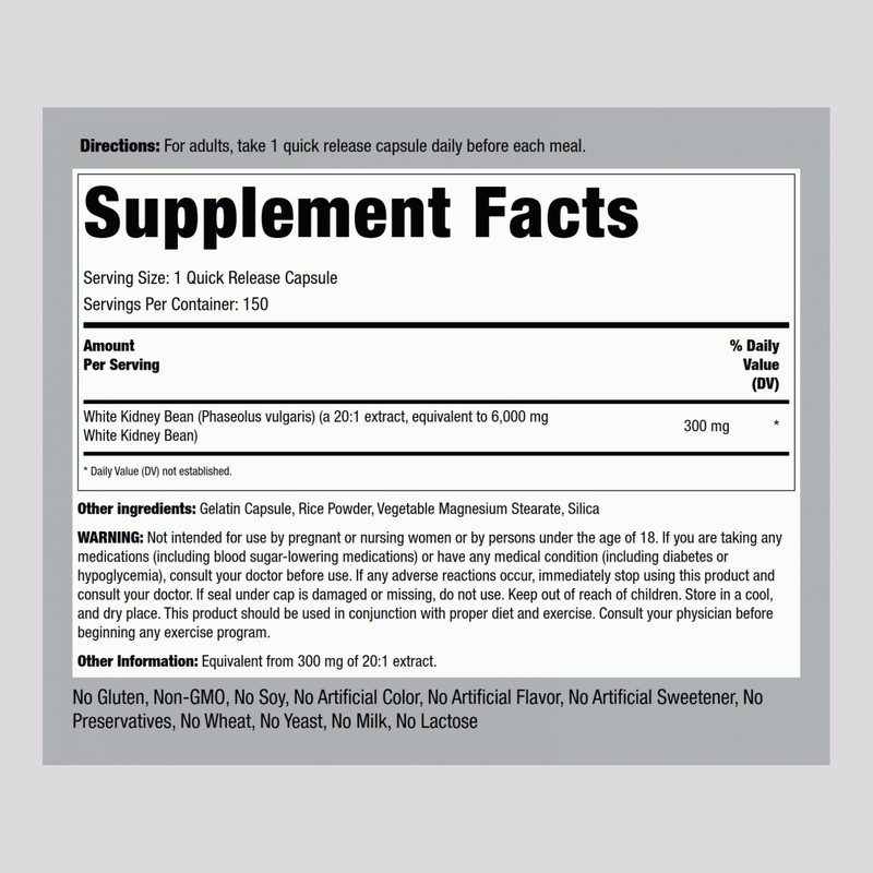 Piping Rock White Kidney Bean Extract | 6000mg | 150