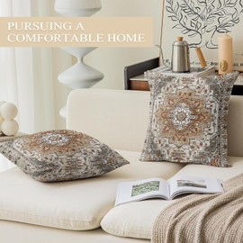 ECZOIL Set of 2 Boho Cushion Covers, 40 x 40 cm, Bohemian Flowers, Decorative Cushion Cover, Flax, 16 x 16 Inches, Double-Sided Print, Decorative Cushion Cover for Living Room, Sofa, Bedroom, Brown