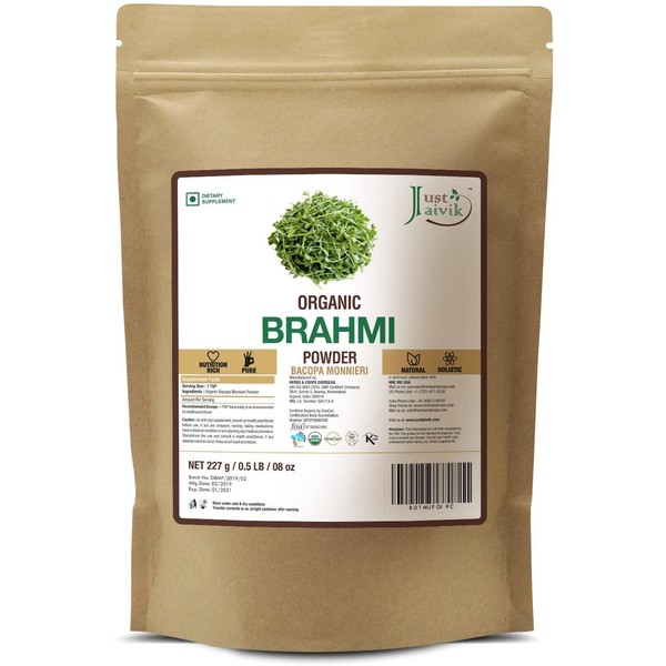 Just Jaivik 100% Organic Brahmi Powder Bacopa Monnieri- USDA Certified Organic, 227 GMS / 1/2 LB Pound / 08 Oz